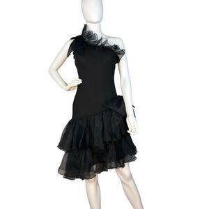 Vtg Samax Sz 6 Asymmetrical Hem Midi Dress Fairy Goth Grunge Black Ruffle